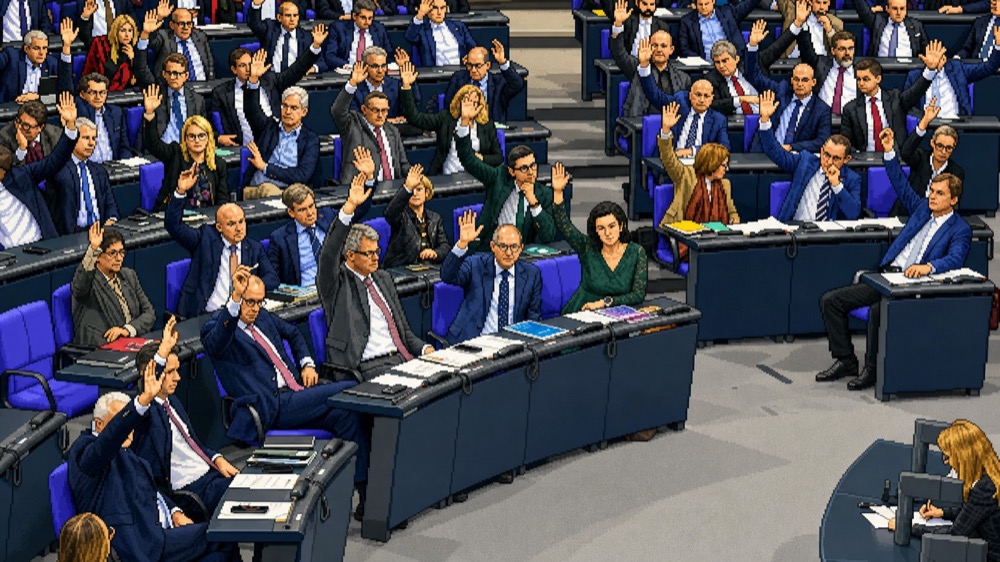 Pixel-Art-Illustration einer Abstimmung im Bundestag: Abgeordnete heben zur Zustimmung die Hand.
