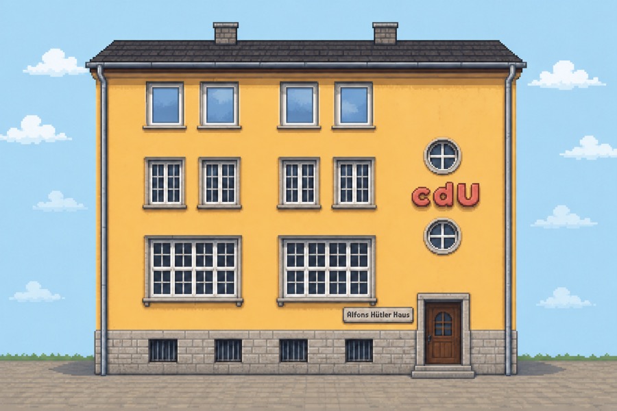 Pixel-Art-Illustration des cdU-Büros mit einem nachgebildeten „cdU